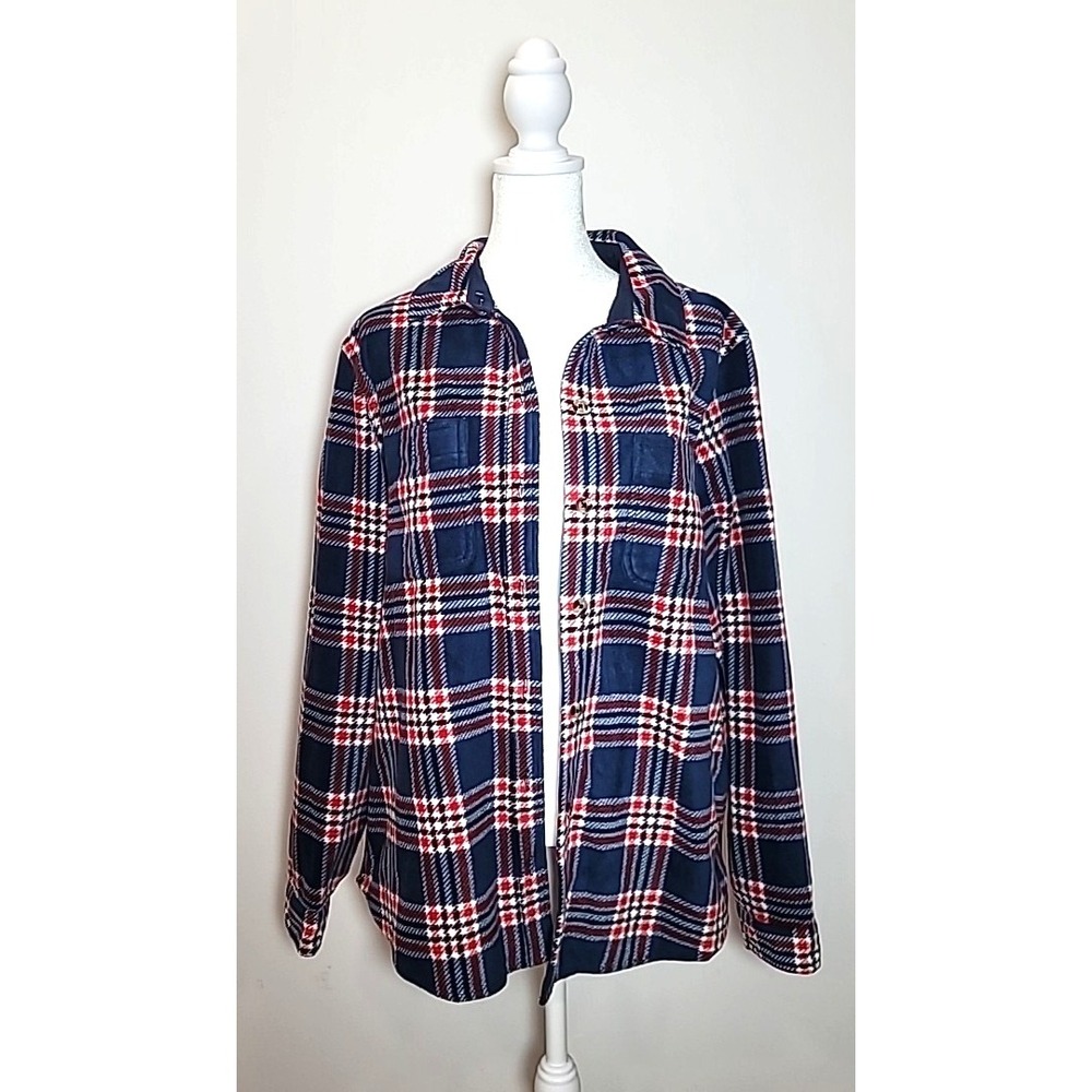 Time&Tru Sz L Red White Blue Plaid Shacket/Shirt Jacket Soft Fleece Button Front